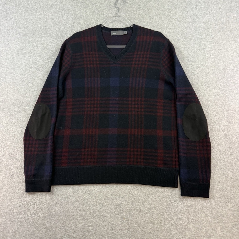 Vince Men's Wool Cashmere Sweater Pullover Elbow Patches Size L V Neck Plaid